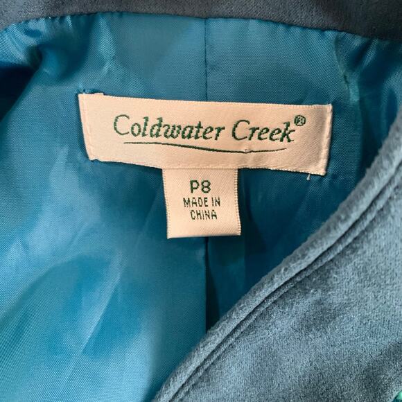Coldwater Creek Sz 8P Jacket Blazer Teal Blue Tweed Faux Suede Trim Button Front - Picture 11 of 11
